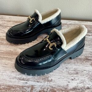 Steve Madden LANDO Loafer Platform Slip On Black Leather Women Size 7.5 NWOT